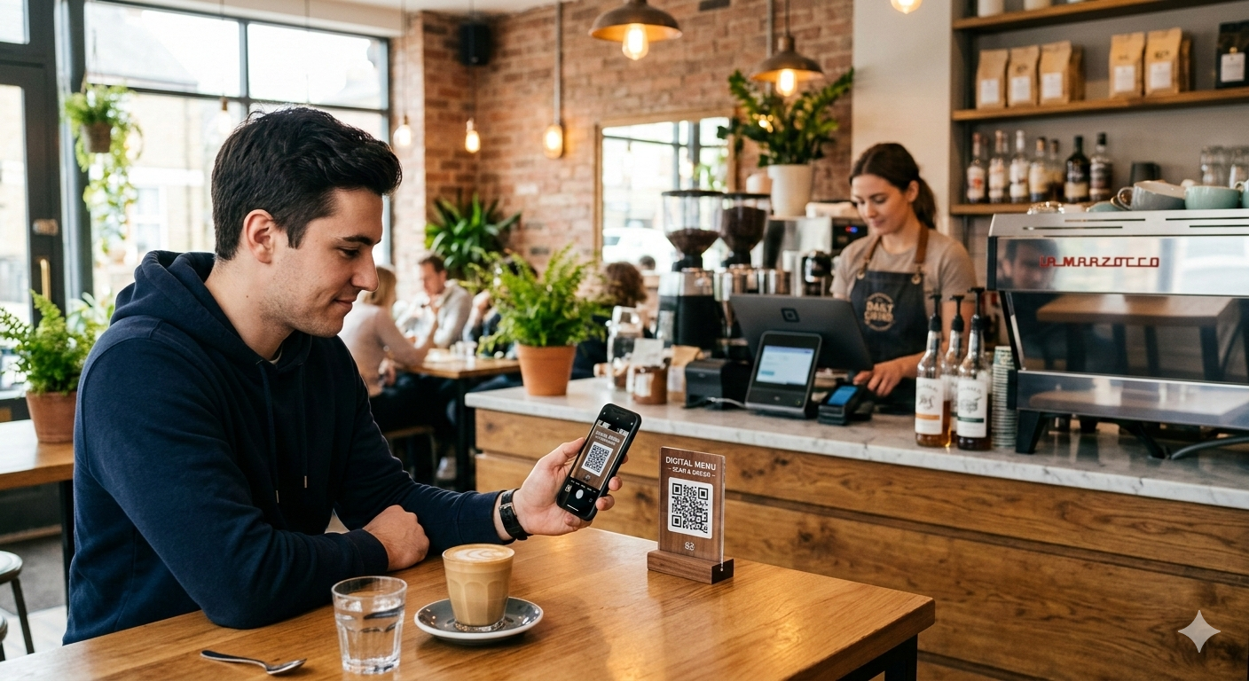 Interior del café con cliente y cajero